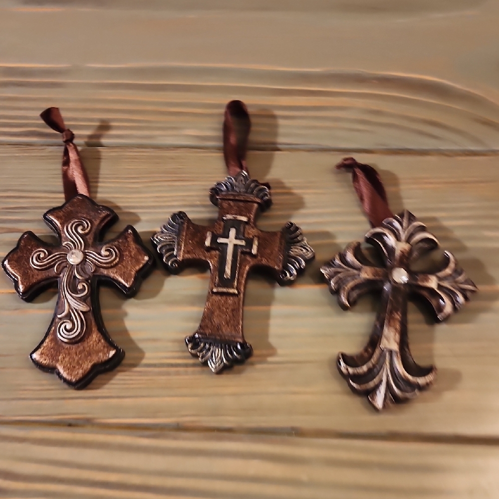 3 Celtic Hanging Cross Set accent of bronze color with bling and ribbon